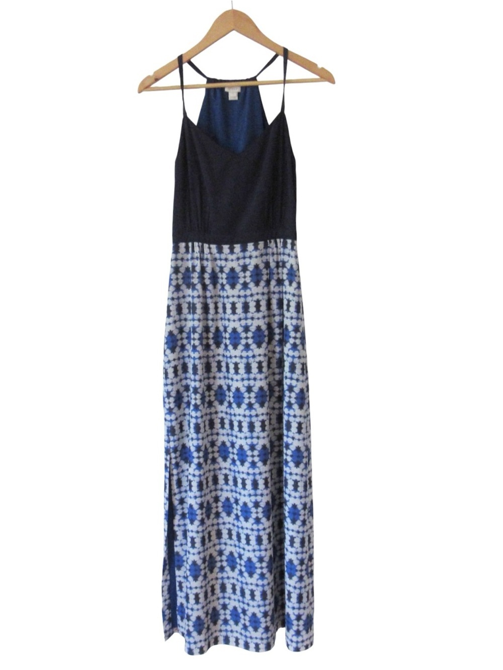 J Crew Factory Navy Blue White Maxi Dress 0 Tribal Print Sleeveless Halter Lined